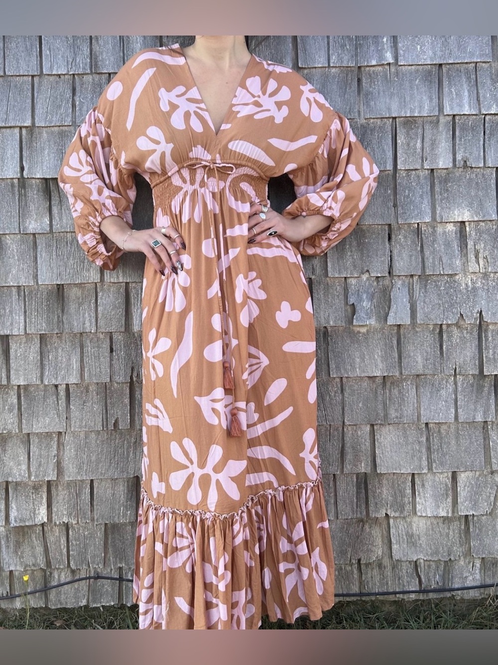 Abrand Brown Maxi Dress with Pink Abstract Print